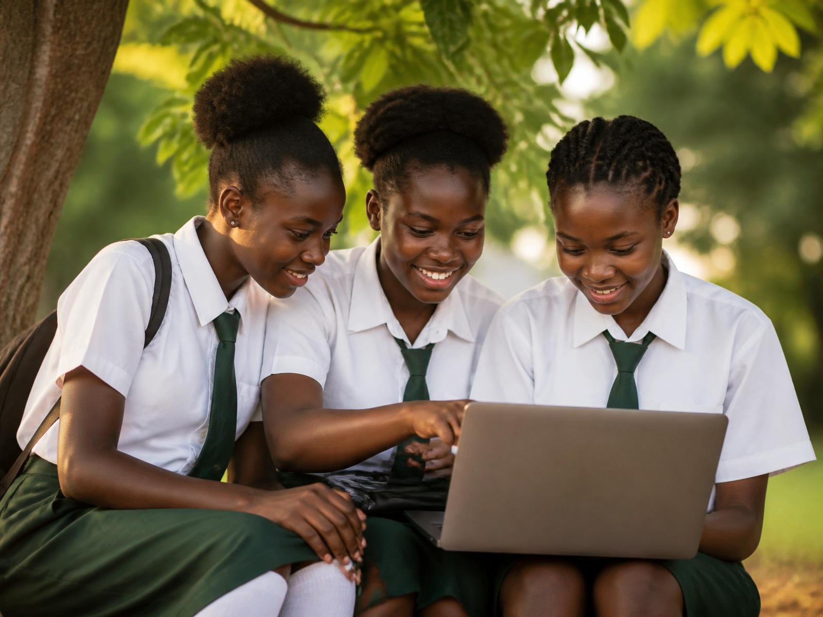 Schoolgirls learning together on a laptop outdoors