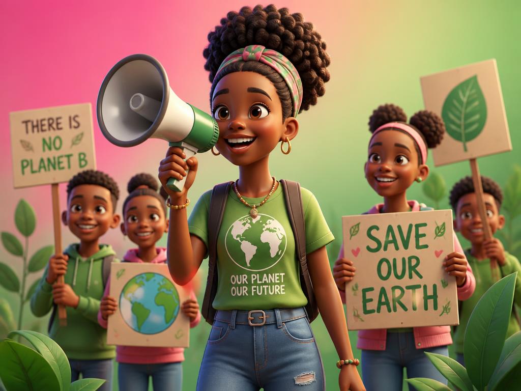 3D cartoon of girls marching with climate signs