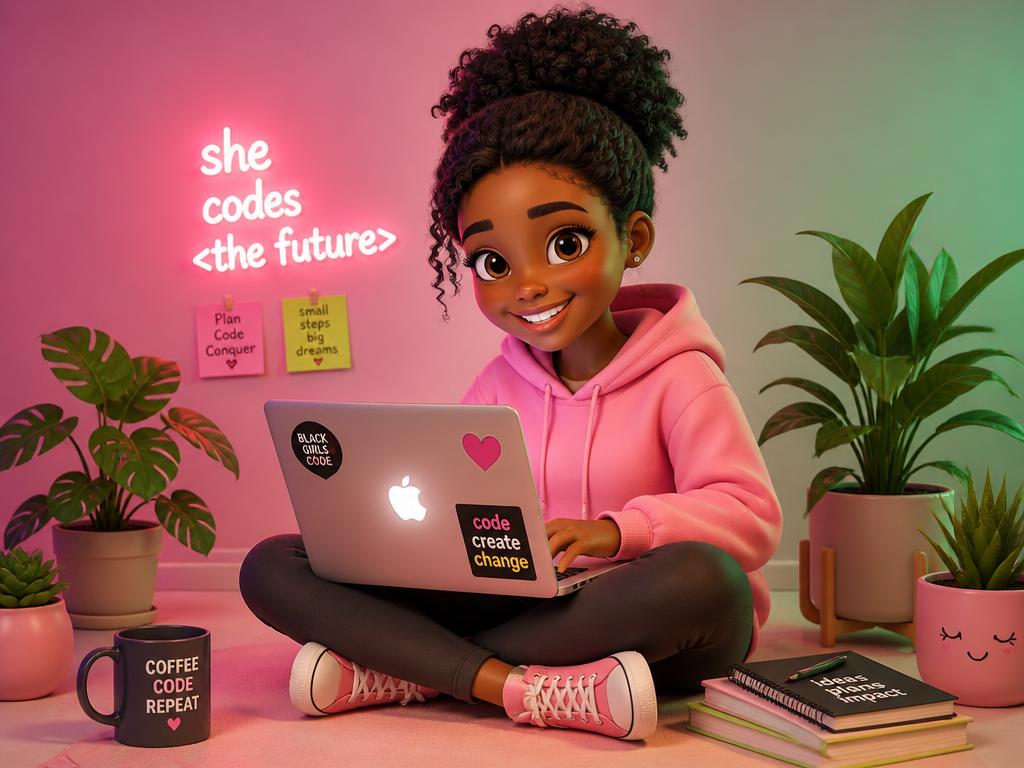 3D cartoon of a girl coding on a laptop surrounded by plants