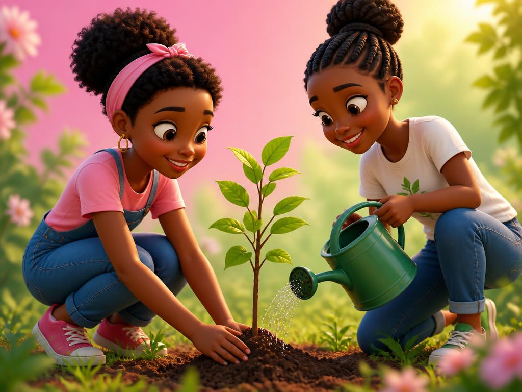 3D cartoon of two girls planting a tree sapling