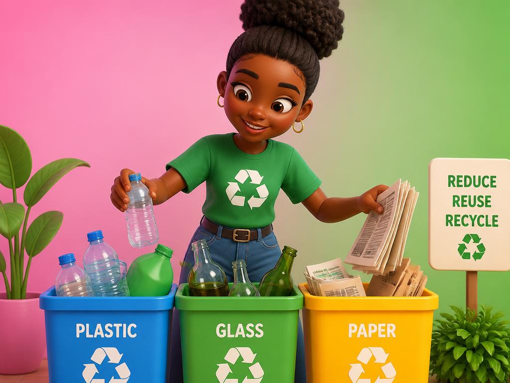 3D cartoon of a girl sorting recycling bins
